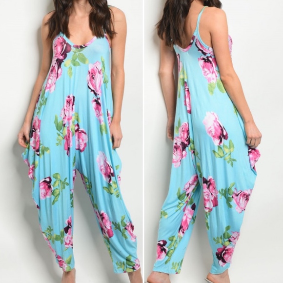 Trend Setter Diva Boutique Item Pants - BLUE FLORAL PRINT JUMPSUIT